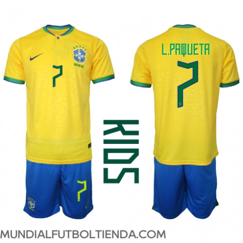 Camiseta Brasil Lucas Paqueta #7 Primera Equipación Replica Mundial 2022 para niños mangas cortas (+ Pantalones cortos)